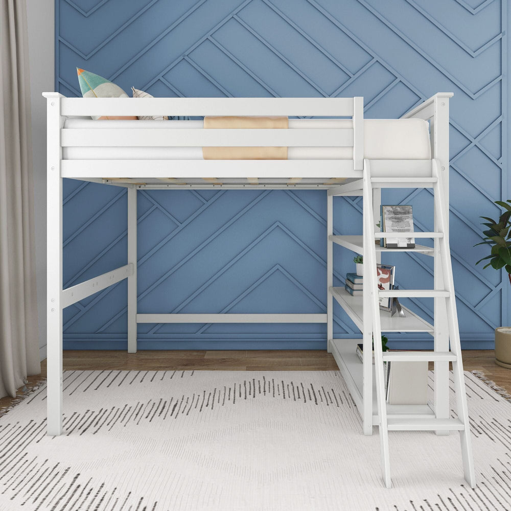 Max And Lily Full High Loft Bed With Bookcase White Front View Max and Lily Full High Loft Bed With Bookcase in White - front view in a bedroom showing the elevated bed with guardrails, side ladder and built-in bookcase shelves underneath