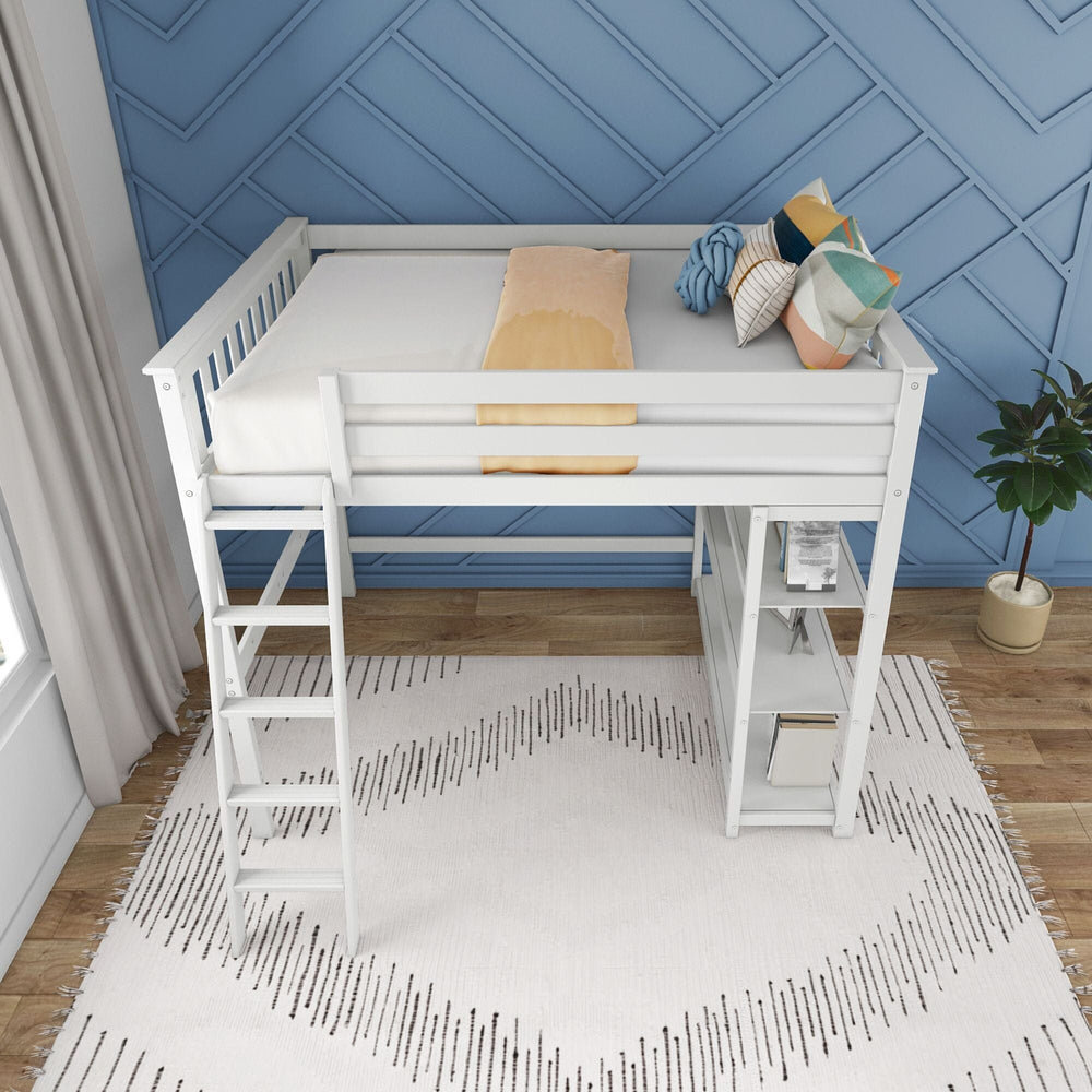 Max And Lily Full High Loft Bed With Bookcase White Overhead View Max and Lily Full High Loft Bed With Bookcase in White - overhead view of the mattress area with pillows, guardrails on all sides, ladder and bookcase shelves below