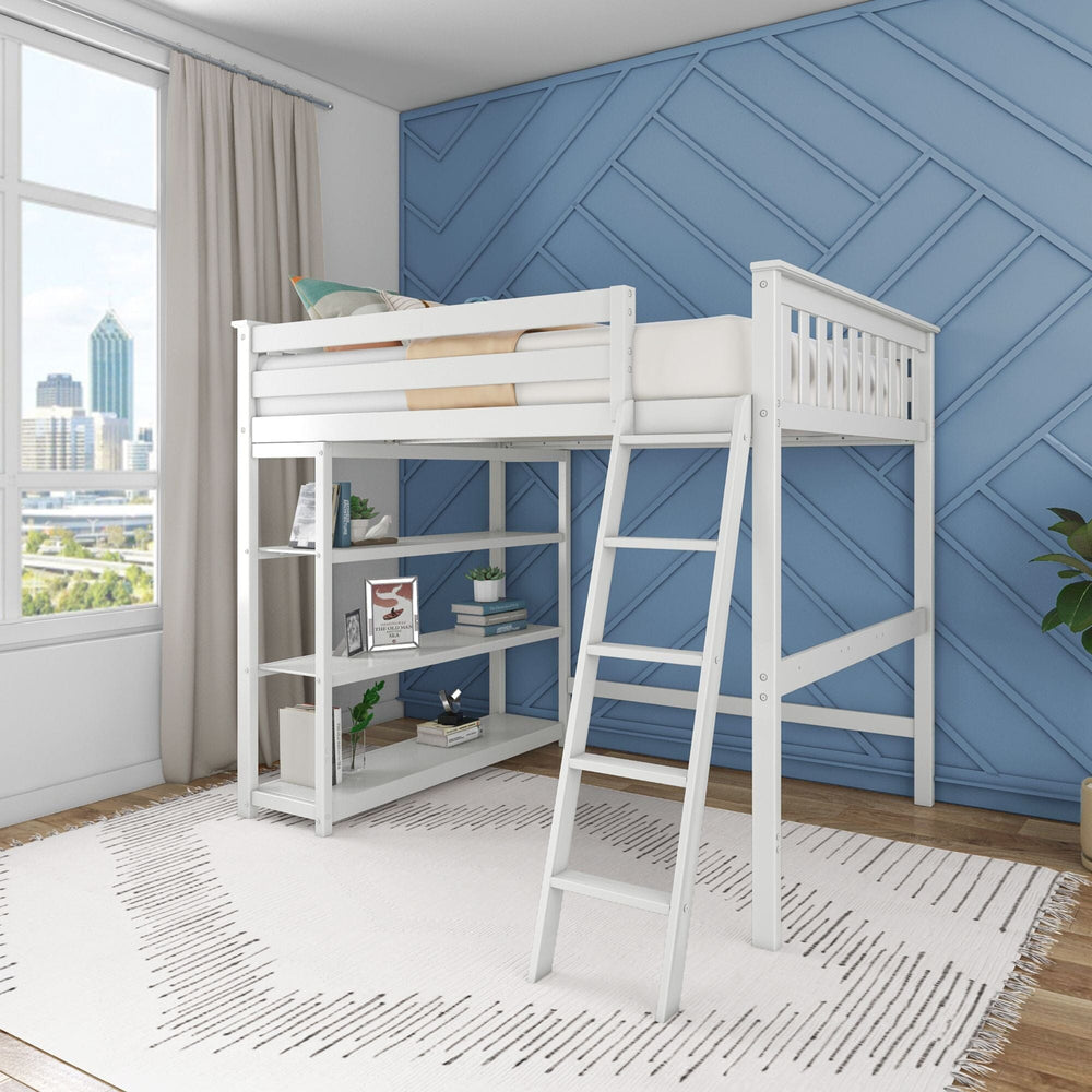 Max And Lily Full High Loft Bed With Bookcase White Room Scene Max and Lily Full High Loft Bed With Bookcase in White - angled view in a bedroom with blue panelled walls, showing safety guardrails, angled ladder and three bookcase shelves under the bed