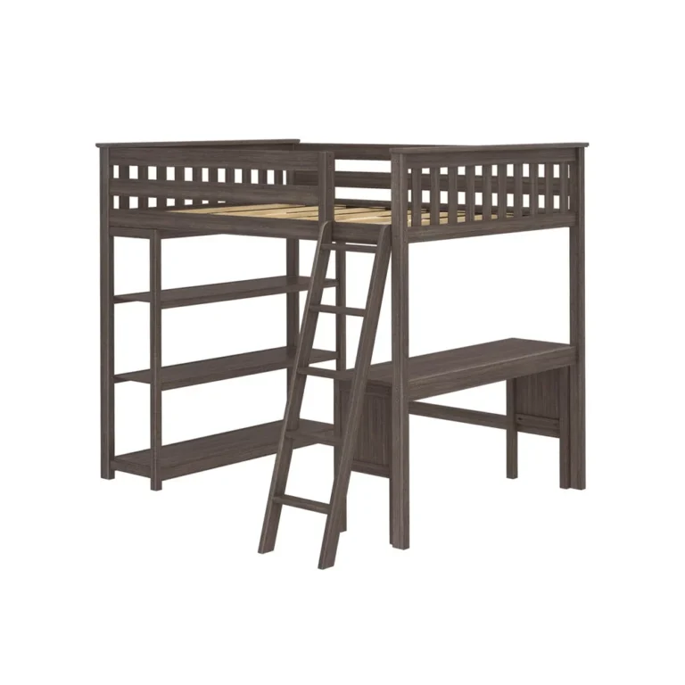 Max and Lily Full High Loft Bed With Bookcase With Desk in Clay - angled studio view on a white background showing the slatted bed frame, open bookcase shelves, a bench-style desk, and the ladder.