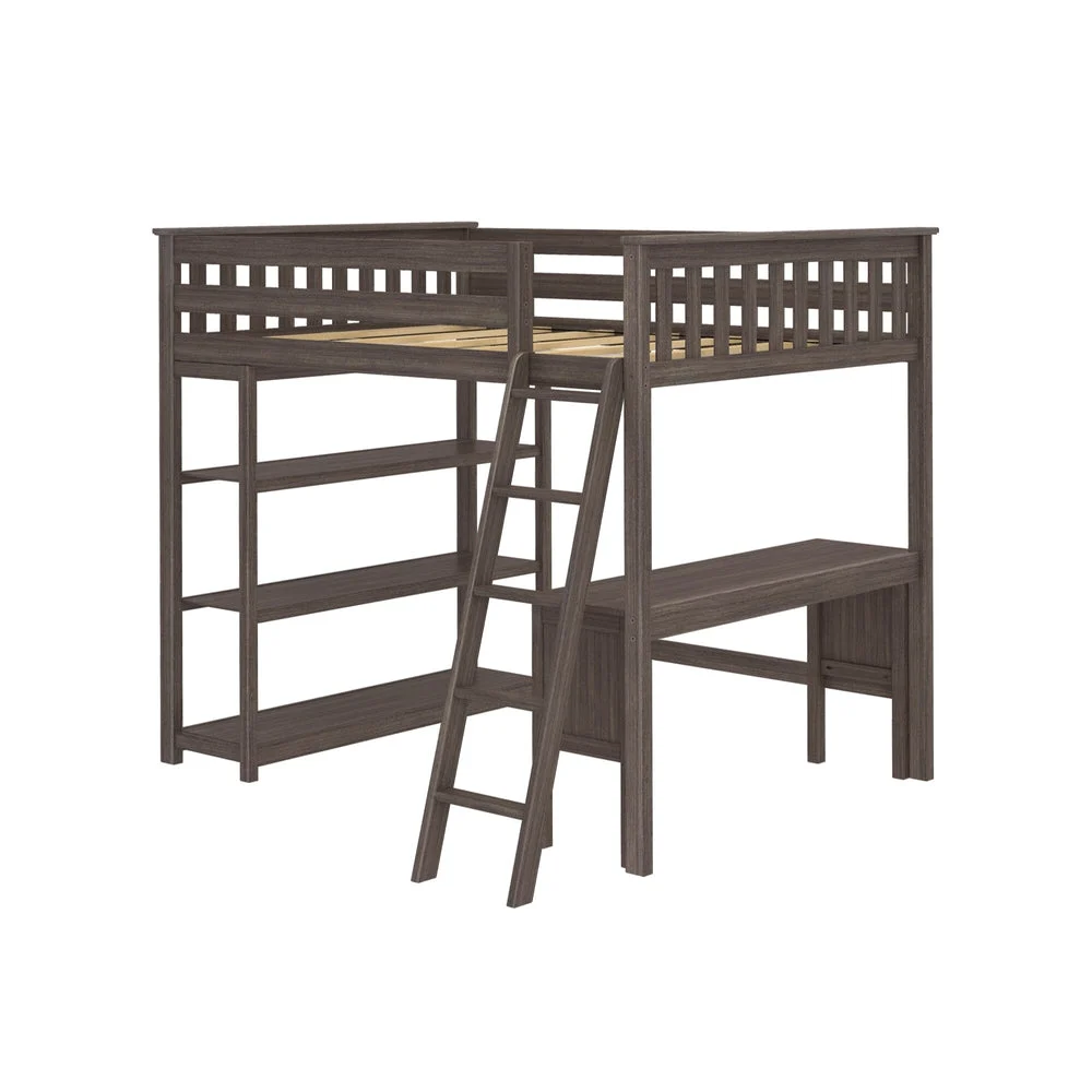 Max and Lily Full High Loft Bed With Bookcase With Desk in Clay - angled studio view on a white background showing the slatted bed frame, open bookcase shelves, a bench-style desk, and the ladder.