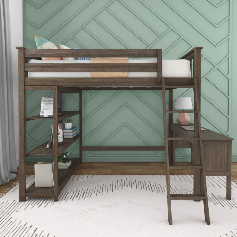 Max and Lily Full High Loft Bed With Bookcase With Desk in Clay - front view in a styled bedroom showing the raised bed with tall guardrails, a built-in bookcase, a desk, and the ladder.