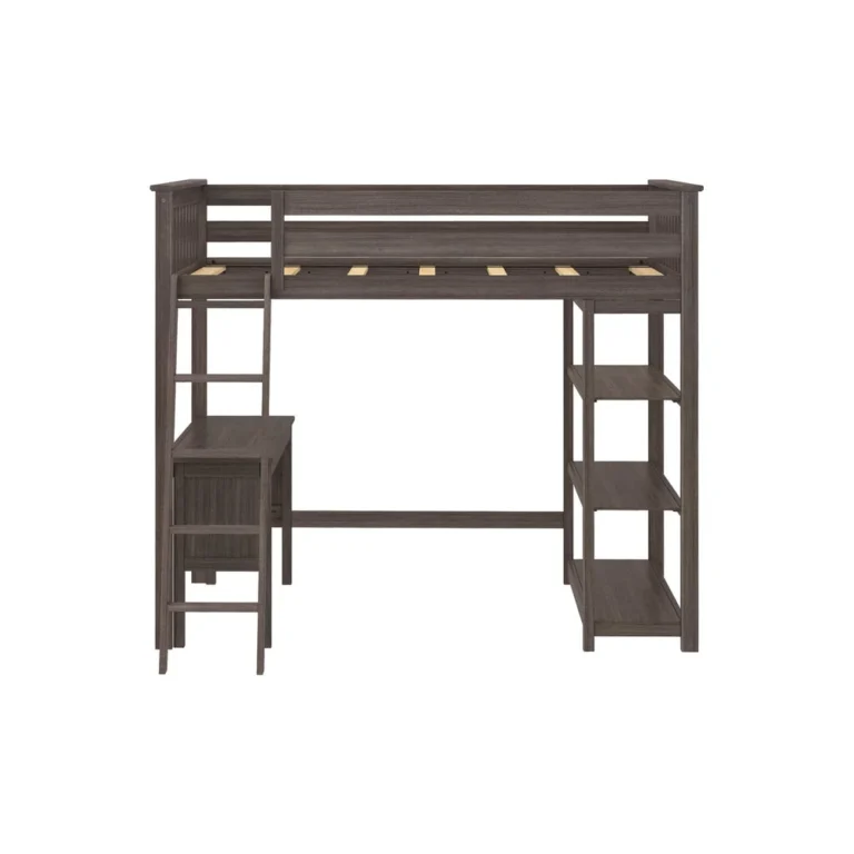 Max and Lily Full High Loft Bed With Bookcase With Desk in Clay - front elevation on a white background showing the loft bed above a desk and open bookcase shelves with a side ladder.