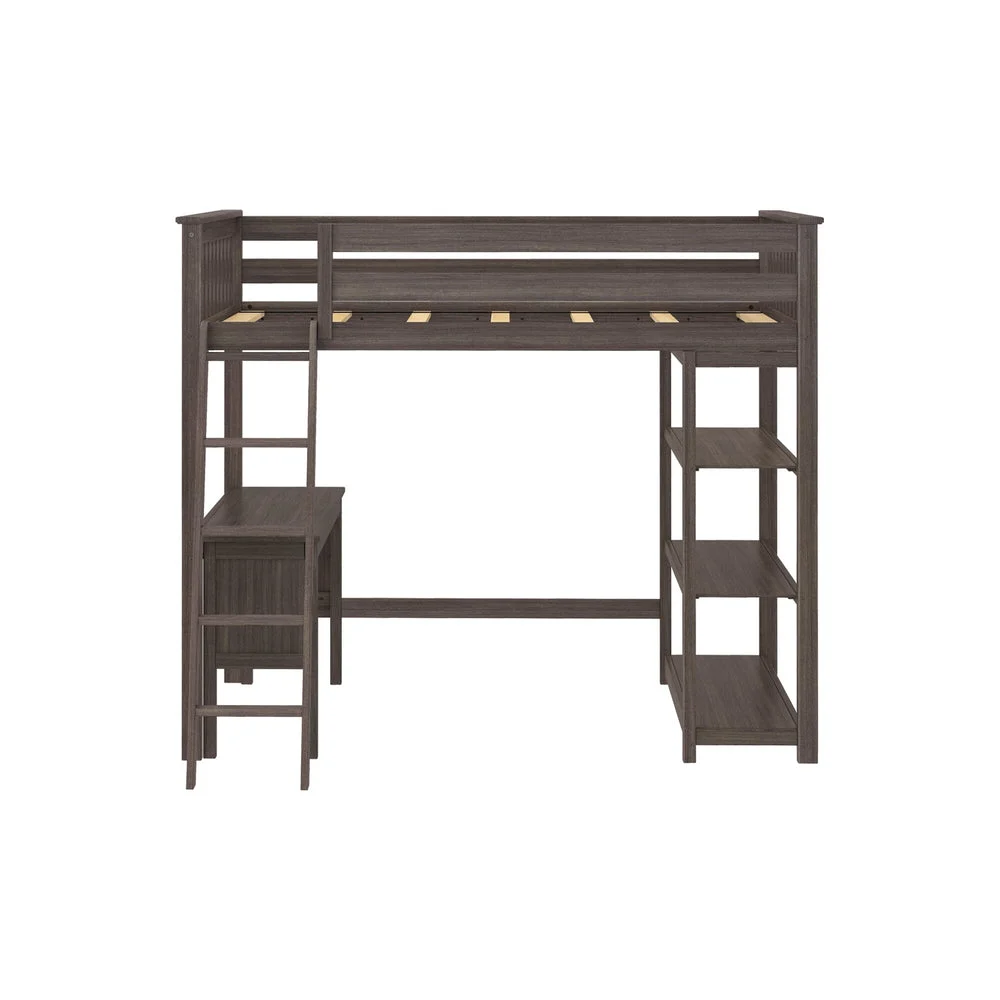Max and Lily Full High Loft Bed With Bookcase With Desk in Clay - front elevation on a white background showing the loft bed above a desk and open bookcase shelves with a side ladder.