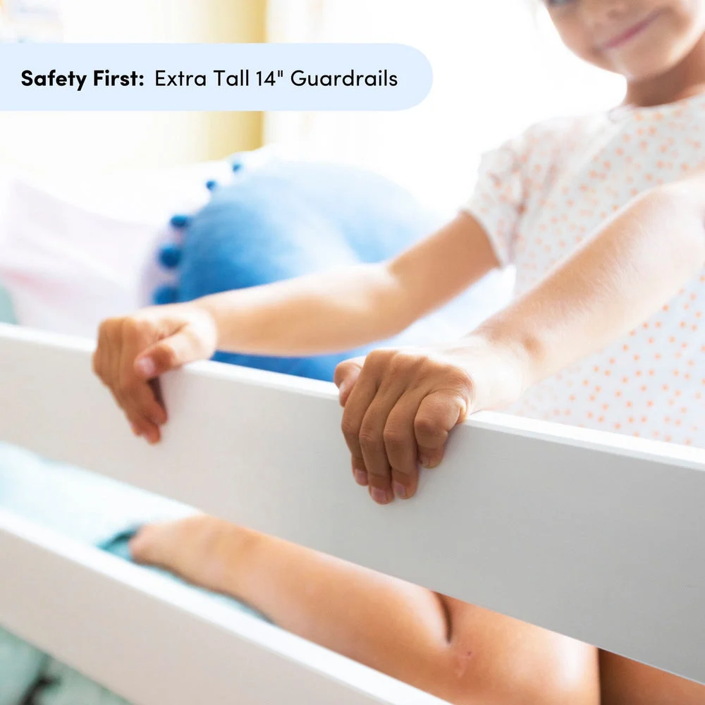 Max and Lily Full High Loft Bed With Bookcase With Desk in Clay - close-up of a child gripping the extra tall 14 inch safety guardrail on the raised bed.