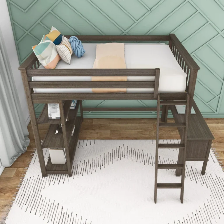 Max and Lily Full High Loft Bed With Bookcase With Desk in Clay - overhead room view looking down at the made bed with pillows and tall guardrails, with the ladder, desk, and bookcase below.
