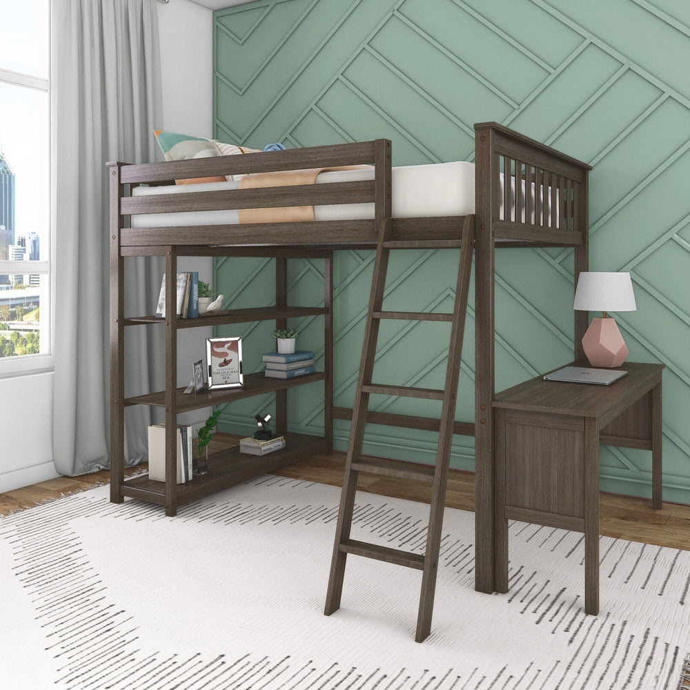 Max and Lily Full High Loft Bed With Bookcase With Desk in Clay - angled room view of the loft bed with a side bookcase, an attached desk holding a lamp and laptop, and a slanted ladder.