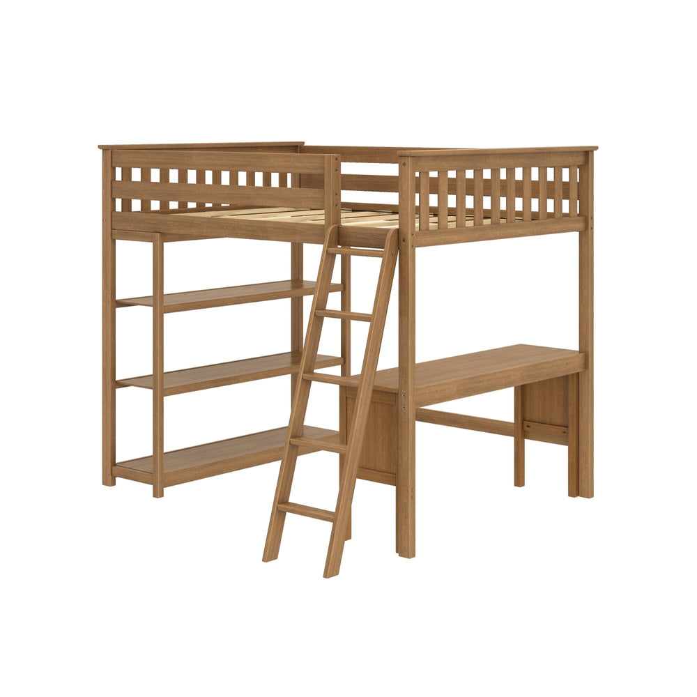 Max and Lily Full High Loft Bed With Bookcase With Desk in Pecan - three-quarter product view on a white background showing the loft bed with bookcase, ladder, and desk.