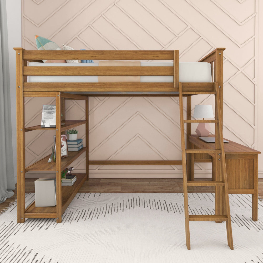 Max and Lily Full High Loft Bed With Bookcase With Desk in Pecan - front view in a styled bedroom with the bookcase on one side, a built-in desk with lamp on the other, and the ladder.