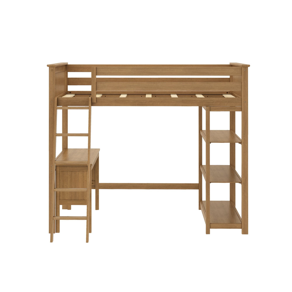 Max and Lily Full High Loft Bed With Bookcase With Desk in Pecan - front product view on a white background with the desk beneath one end and the bookcase beneath the other.