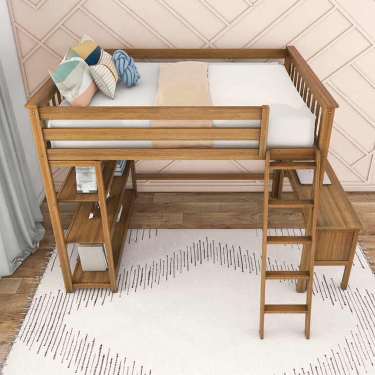 Max and Lily Full High Loft Bed With Bookcase With Desk in Pecan - overhead view showing the mattress area, tall slatted guardrails, bookcase, and desk in a styled room.