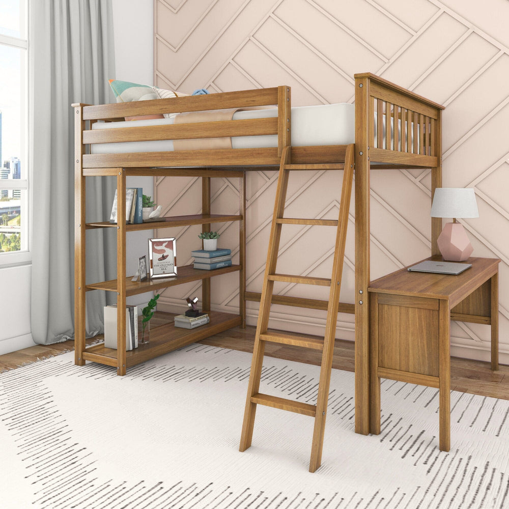 Max and Lily Full High Loft Bed With Bookcase With Desk in Pecan - angled view in a styled bedroom showing the three-shelf bookcase, a built-in desk with lamp and laptop, and an angled ladder.