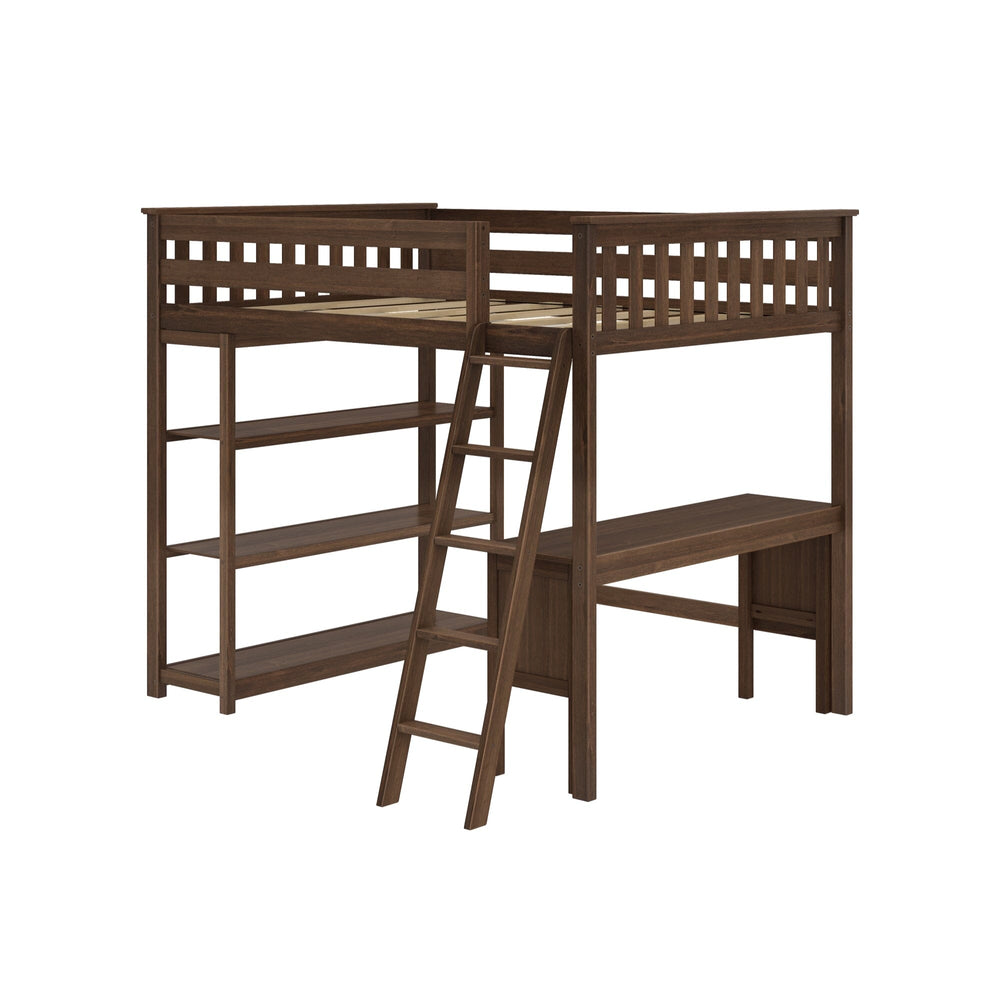 Max and Lily Full High Loft Bed With Bookcase With Desk in Walnut - angled studio view showing the open bookcase, ladder, and desk bench