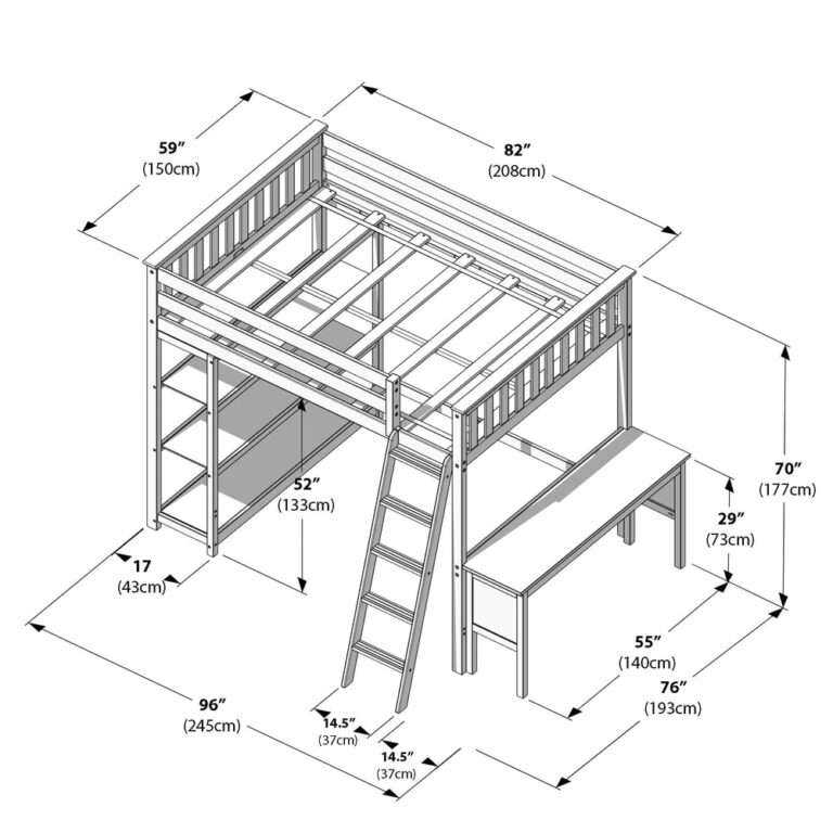 Max and Lily Full High Loft Bed With Bookcase With Desk in Walnut - dimensions diagram with measurements in inches and centimeters