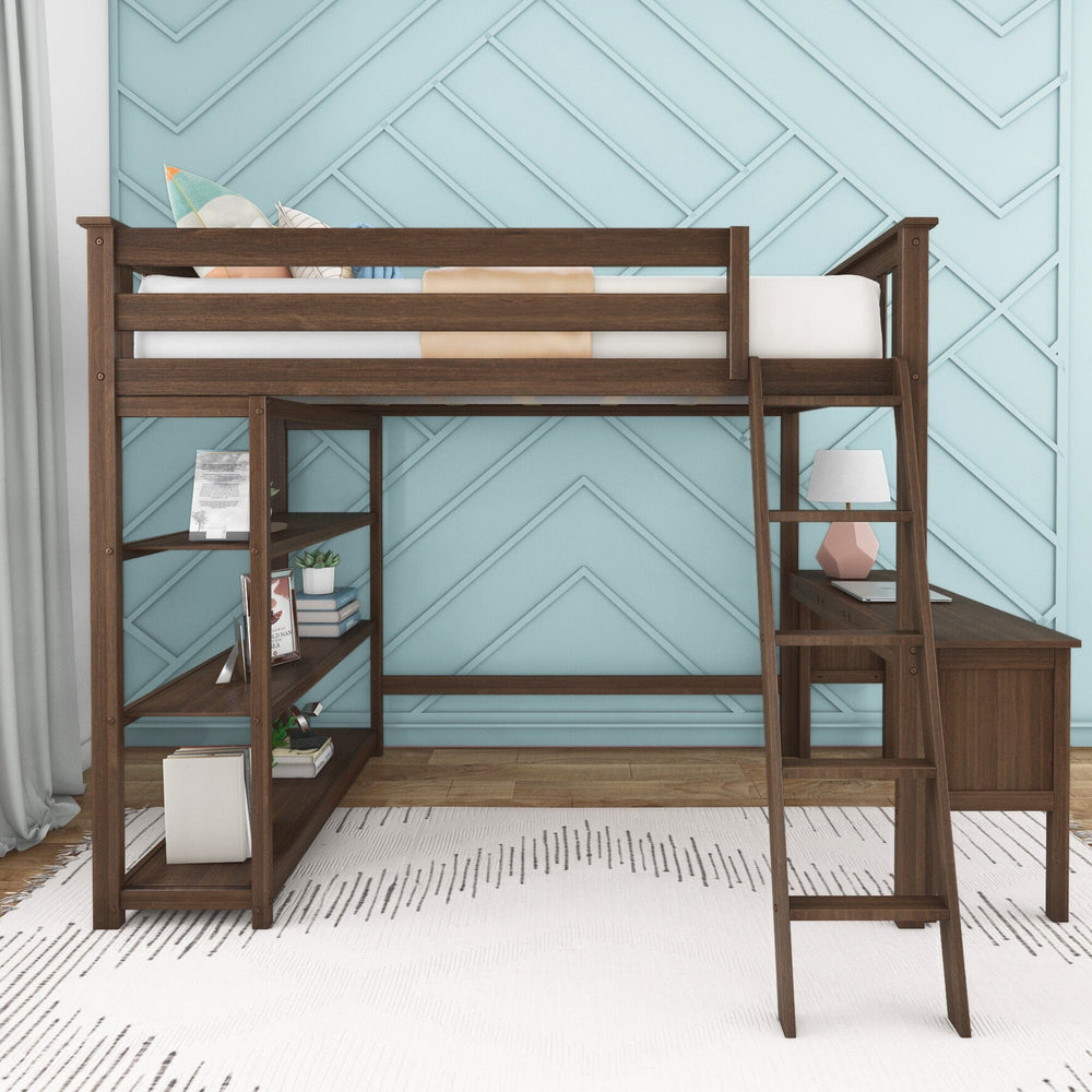 Max and Lily Full High Loft Bed With Bookcase With Desk in Walnut - front view in a bedroom with pillows, side bookcase, and built-in desk