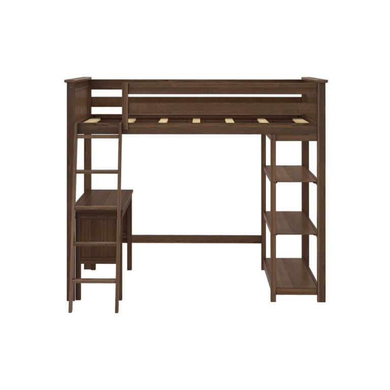 Max and Lily Full High Loft Bed With Bookcase With Desk in Walnut - front studio view showing the bookcase shelves, desk, and ladder