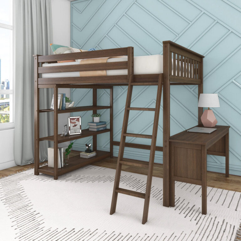 Max and Lily Full High Loft Bed With Bookcase With Desk in Walnut - angled view in a styled bedroom showing the open bookcase, ladder, and desk with lamp