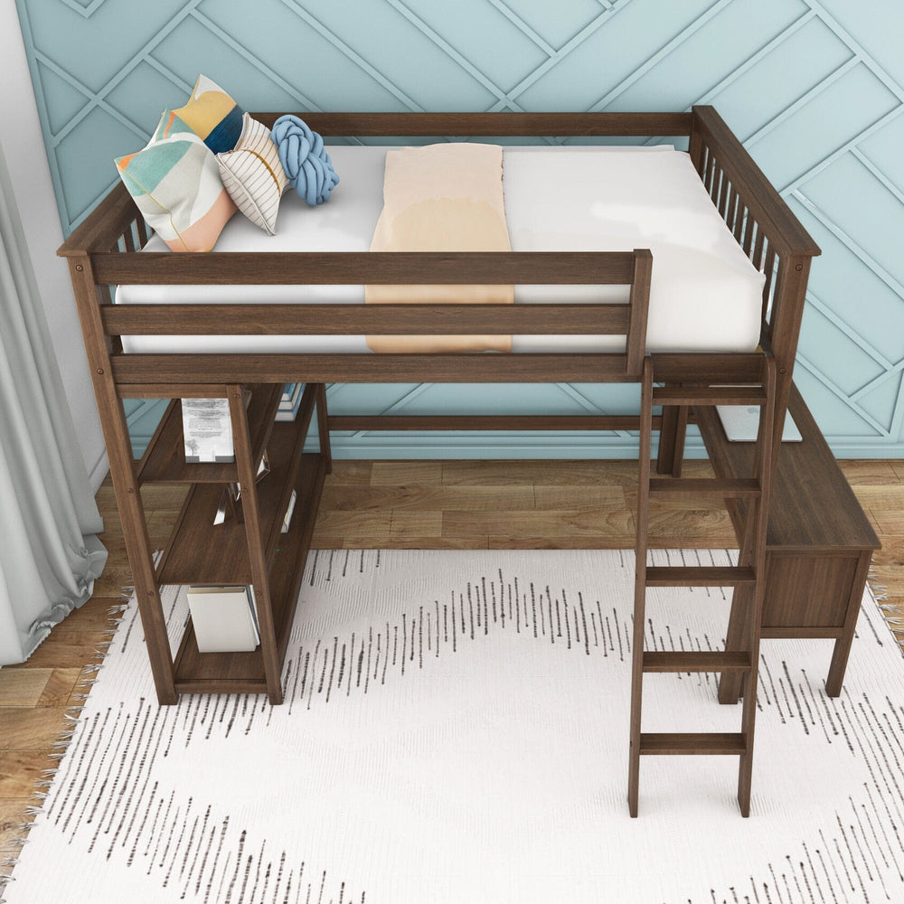 Max and Lily Full High Loft Bed With Bookcase With Desk in Walnut - overhead view of the mattress area with tall safety guardrails, pillows, and bookcase below
