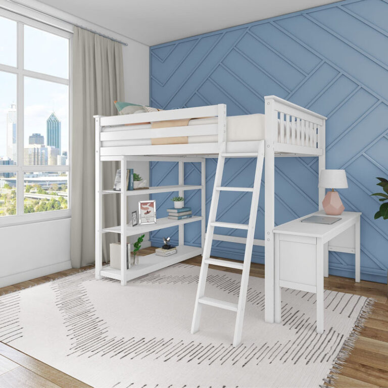 Max and Lily Full High Loft Bed With Bookcase With Desk in White - angled room view of the loft bed with attached bookcase, desk, and ladder against a blue accent wall.