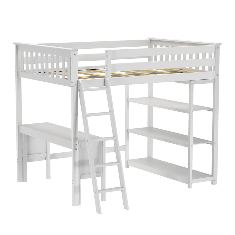 Max and Lily Full High Loft Bed With Bookcase With Desk in White - studio angle view of the full loft frame with bookcase, bench desk, and angled ladder.