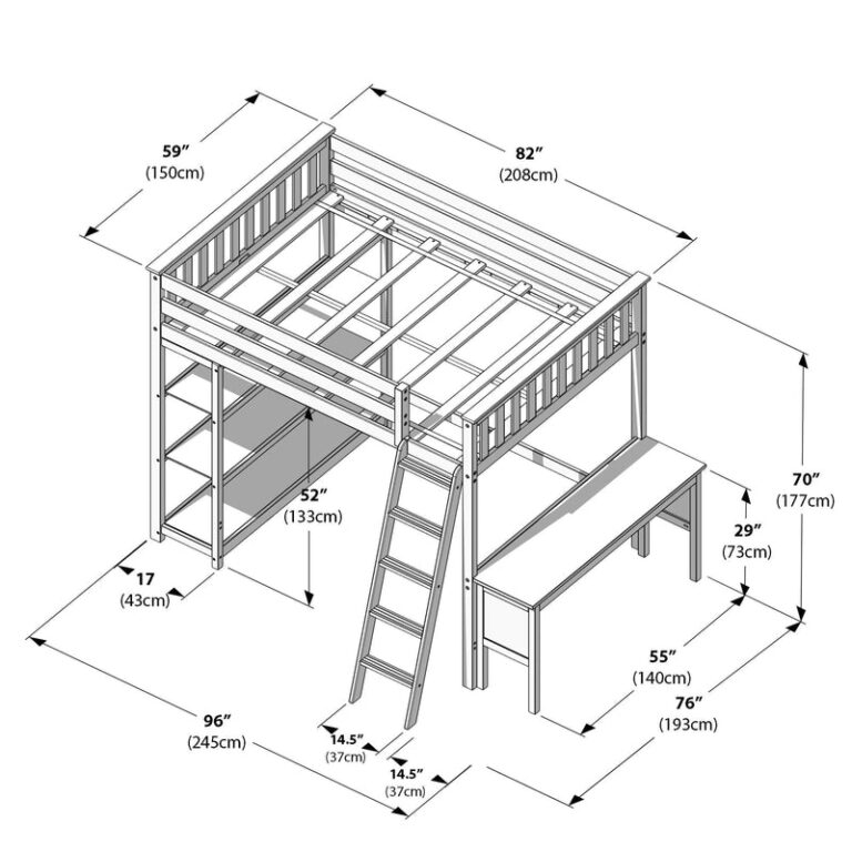 Max and Lily Full High Loft Bed With Bookcase With Desk in White - dimensions diagram showing the bed, bookcase, desk, and bench measurements in inches and centimeters.