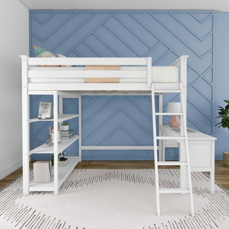Max and Lily Full High Loft Bed With Bookcase With Desk in White - front view in a styled bedroom showing the bookcase shelving and desk beneath the raised loft.