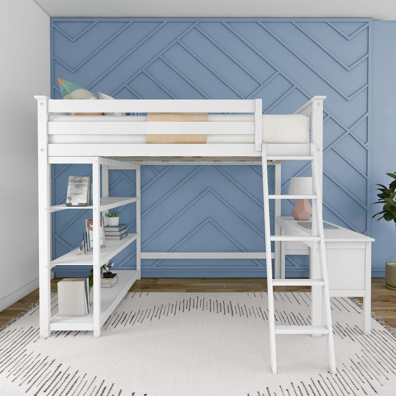 Max and Lily Full High Loft Bed With Bookcase With Desk in White - front view in a styled bedroom showing the bookcase shelving and desk beneath the raised loft.
