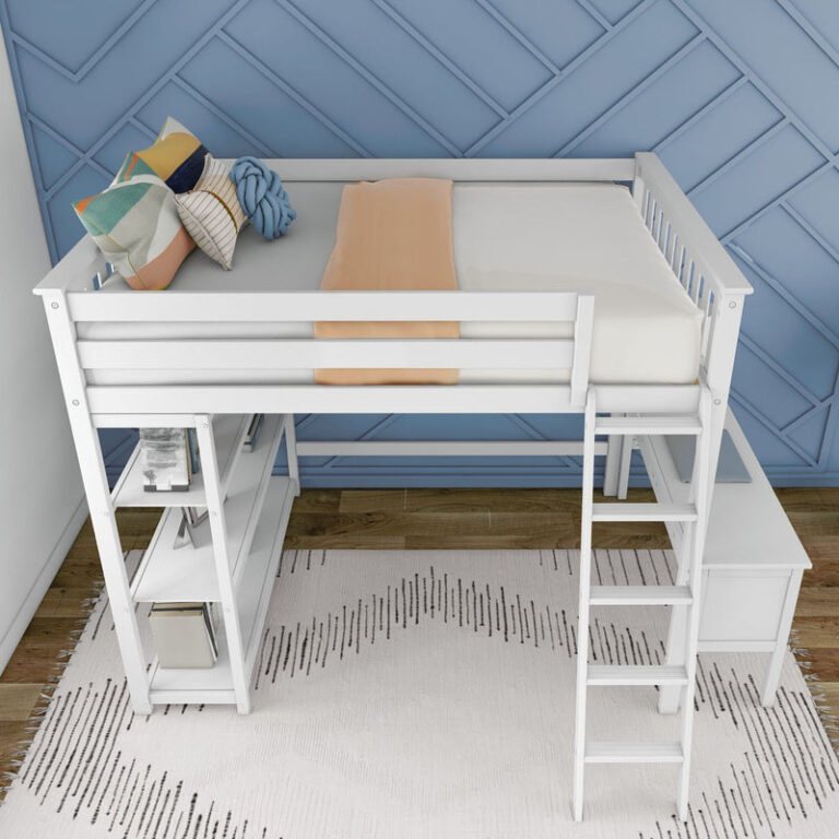 Max and Lily Full High Loft Bed With Bookcase With Desk in White - overhead view of the mattress platform with safety guardrails and the bookcase and desk below.
