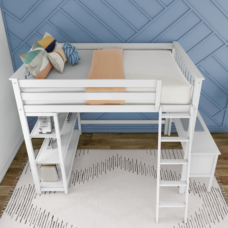 Max and Lily Full High Loft Bed With Bookcase With Desk in White - overhead view of the mattress platform with safety guardrails and the bookcase and desk below.