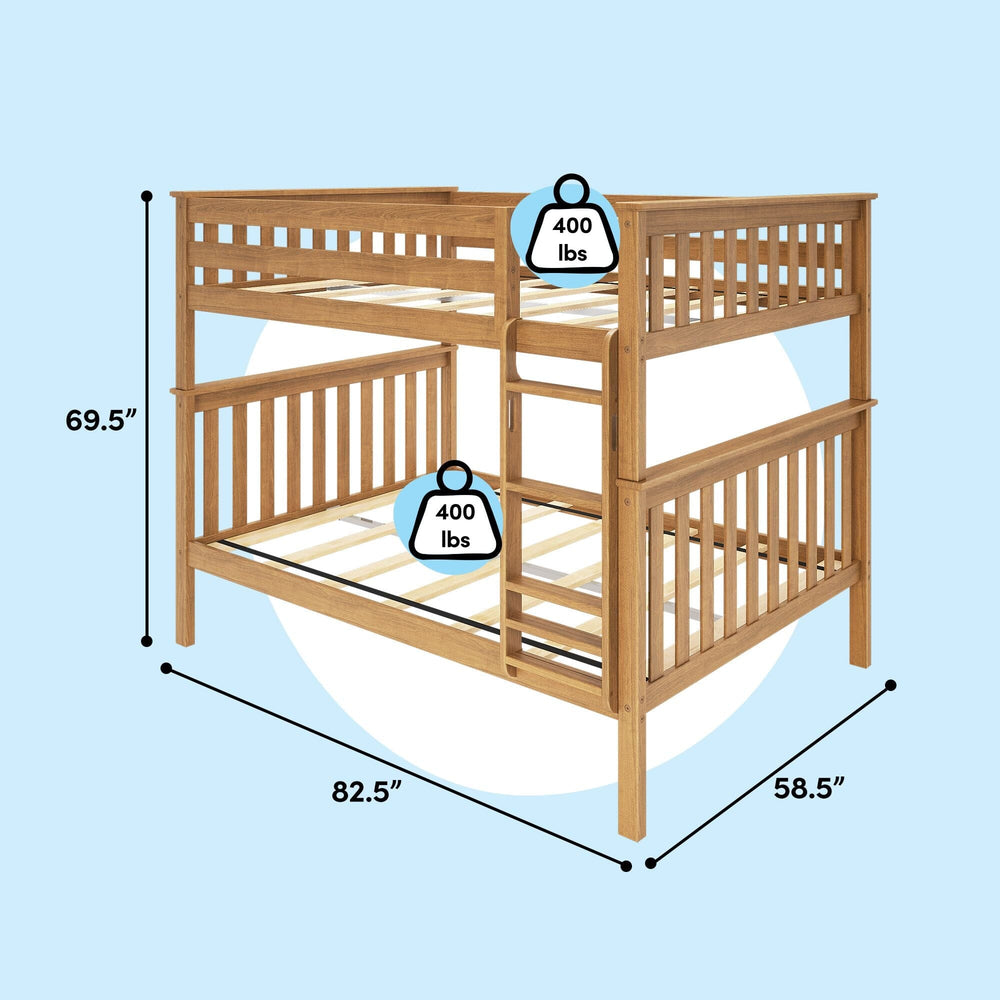 Max And Lily Full Over Full Bunk Bed Pecan Dimensions Diagram Max and Lily Full Over Full Bunk Bed in Pecan - dimensions diagram showing 69.5 inches high, 82.5 inches long and 58.5 inches wide with a 400 lb weight rating on each bunk.