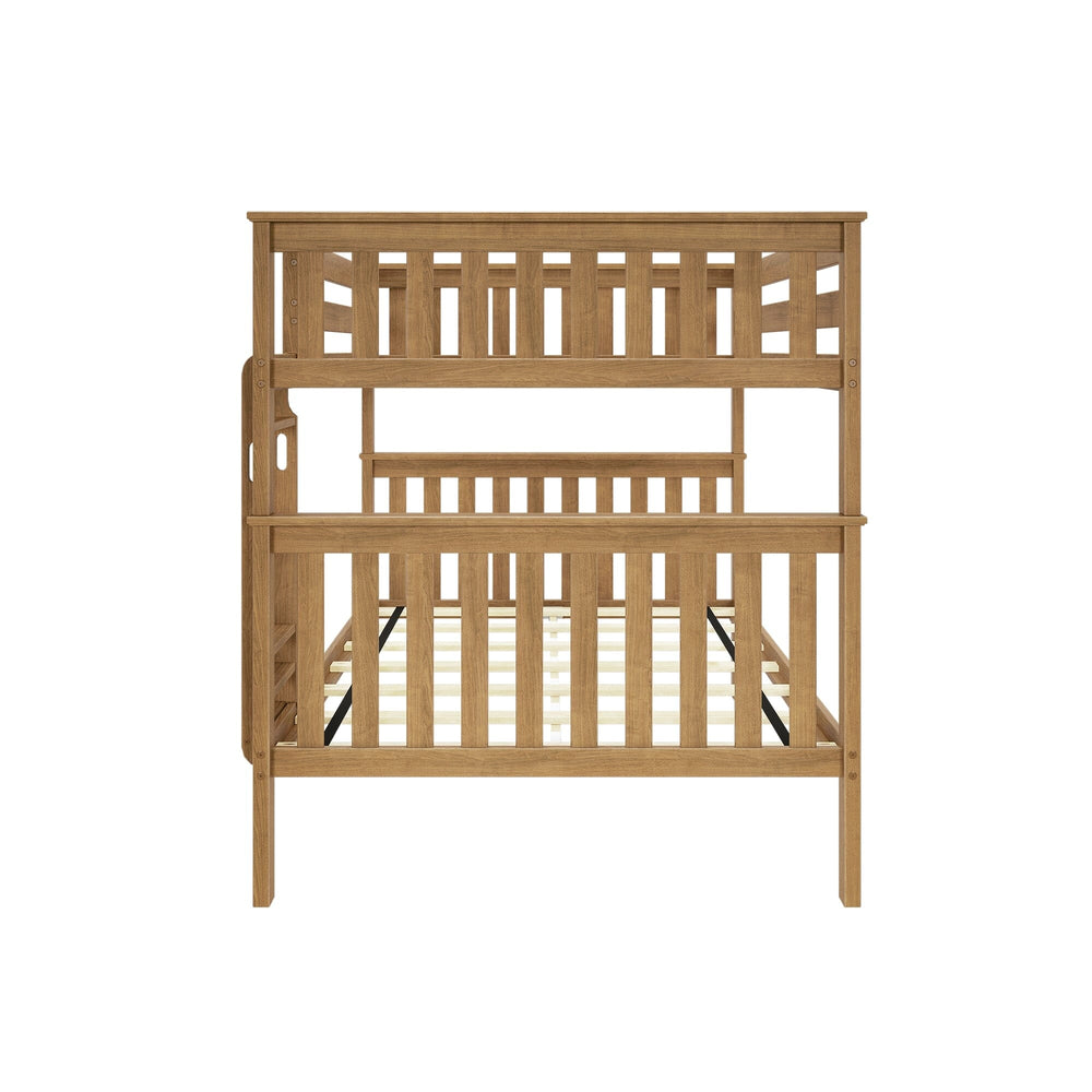 Max And Lily Full Over Full Bunk Bed Pecan Front View Max and Lily Full Over Full Bunk Bed in Pecan - front view of the headboard end showing slatted panels on both bunks and the side-mounted ladder.