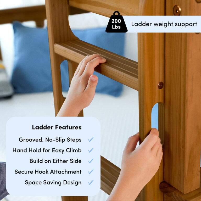 Max And Lily Full Over Full Bunk Bed Pecan Ladder Features Diagram Max and Lily Full Over Full Bunk Bed in Pecan - ladder features diagram showing grooved no-slip steps, hand holds for easy climbing and a 200 lb ladder weight support.