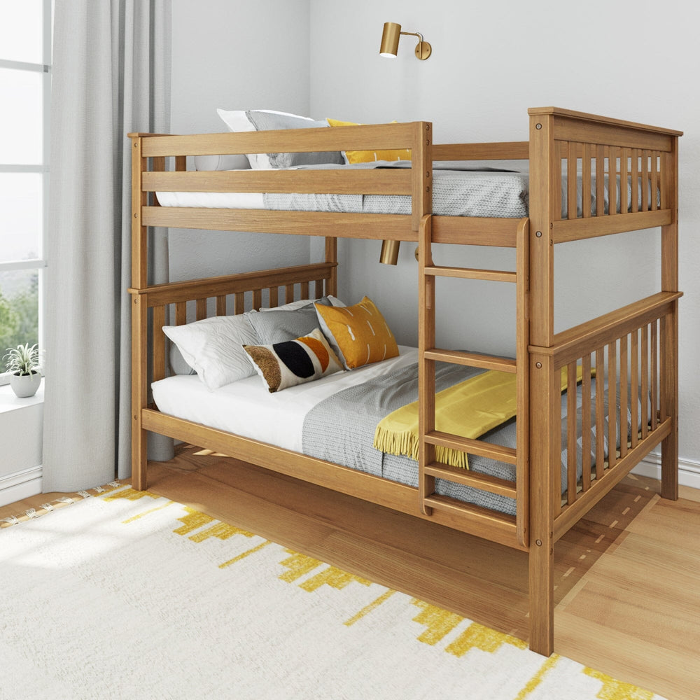 Max And Lily Full Over Full Bunk Bed Pecan Room Scene Max and Lily Full Over Full Bunk Bed in Pecan - angled room scene with both bunks made up, slatted guardrails and an angled ladder beside a bright window.