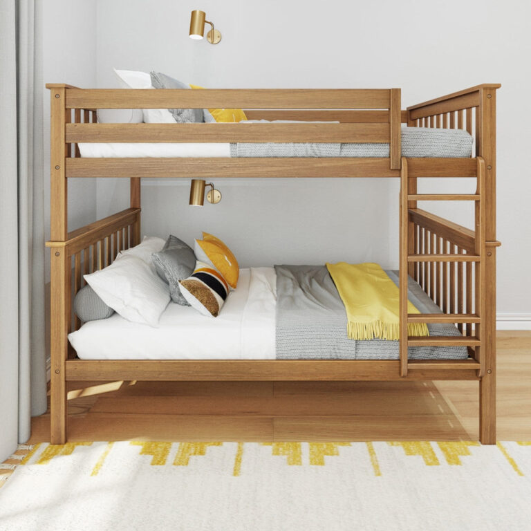 Max And Lily Full Over Full Bunk Bed Pecan Side View Max and Lily Full Over Full Bunk Bed in Pecan - straight side view in a bedroom showing the full-length top bunk guardrail and end-mounted ladder.