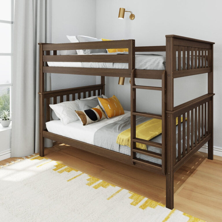 Max And Lily Full Over Full Bunk Bed Walnut Angle View Max and Lily Full Over Full Bunk Bed in Walnut - angled view of the bunk bed with safety guardrails, end ladder, and grey and yellow bedding in a bright kids' bedroom