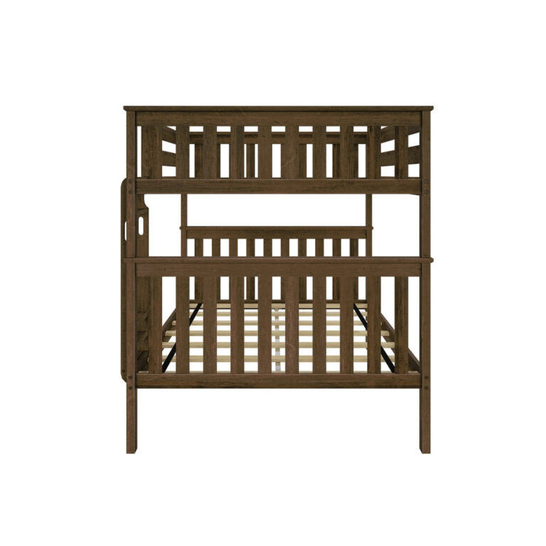 Max And Lily Full Over Full Bunk Bed Walnut End View Max and Lily Full Over Full Bunk Bed in Walnut - end view of the bunk bed frame showing the slatted head ends, ladder handhold cutouts, and slat foundations