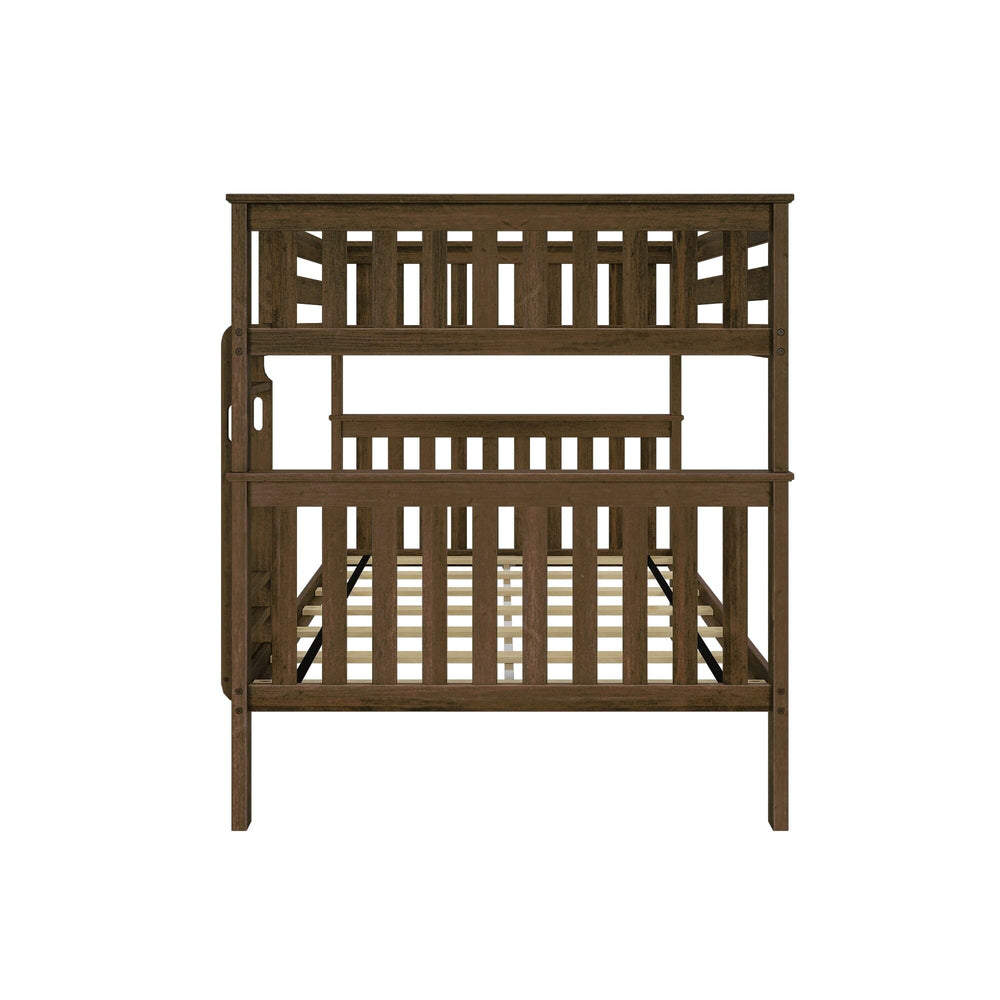 Max And Lily Full Over Full Bunk Bed Walnut End View Max and Lily Full Over Full Bunk Bed in Walnut - end view of the bunk bed frame showing the slatted head ends, ladder handhold cutouts, and slat foundations