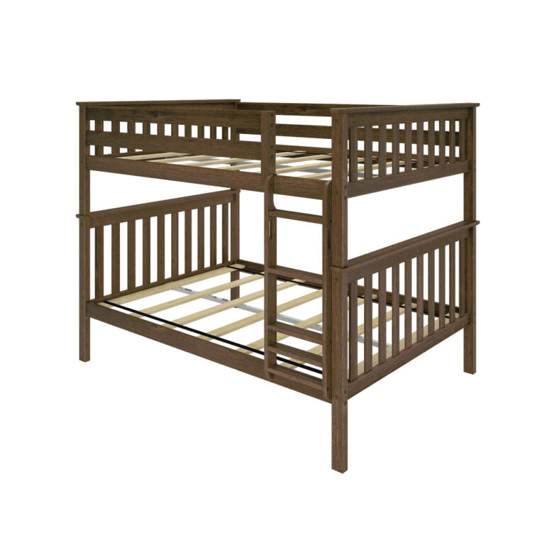 Max And Lily Full Over Full Bunk Bed Walnut Frame Angle View Max and Lily Full Over Full Bunk Bed in Walnut - angled view of the bare bunk bed frame showing the wood slat foundations on both bunks and the attached ladder