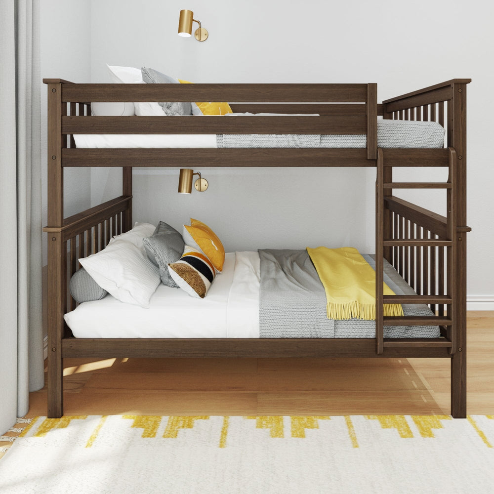 Max And Lily Full Over Full Bunk Bed Walnut Front View Max and Lily Full Over Full Bunk Bed in Walnut - front view of the bunk bed with slatted guardrails and side ladder, styled with grey knit bedding and a yellow throw