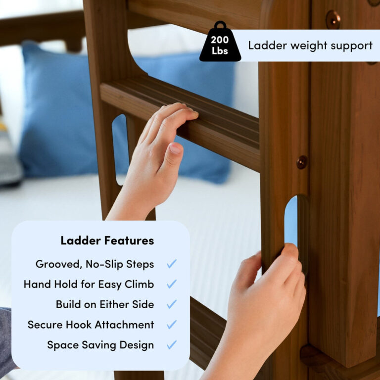 Max And Lily Full Over Full Bunk Bed Walnut Ladder Features Diagram 16 Max and Lily Full Over Full Bunk Bed in Walnut - ladder features infographic showing 200 lbs weight support, grooved no-slip steps, hand holds, and build-on-either-side design