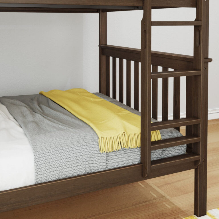 Max And Lily Full Over Full Bunk Bed Walnut Lower Bunk Detail 6 Max and Lily Full Over Full Bunk Bed in Walnut - closeup of the lower full-size bunk with grey bedding and yellow throw beside the attached wooden ladder