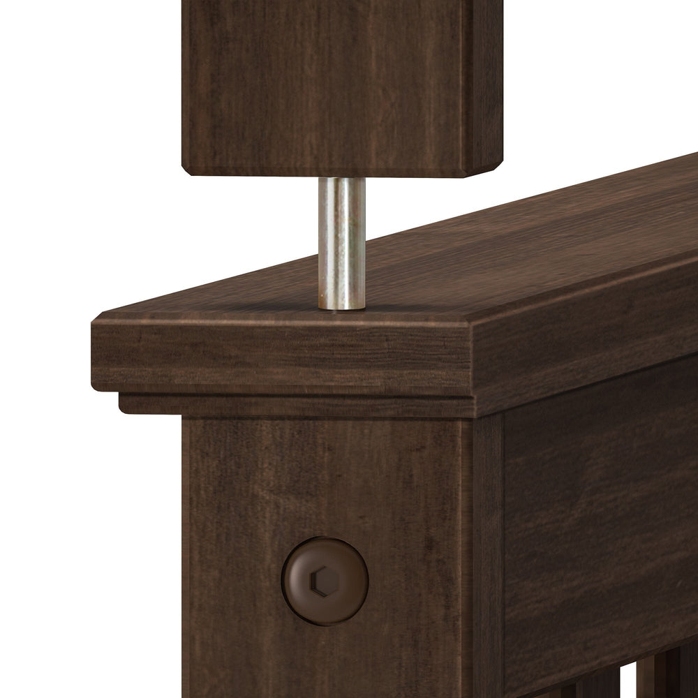 Max And Lily Full Over Full Bunk Bed Walnut Post Connection Detail 5 Max and Lily Full Over Full Bunk Bed in Walnut - closeup of the metal dowel connection securing the upper bunk post to the lower bunk frame