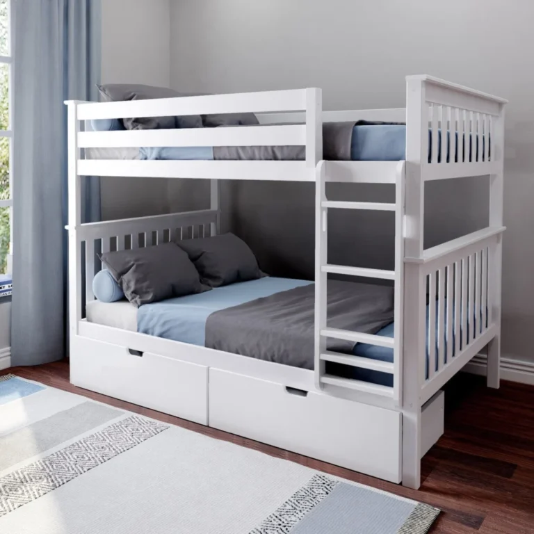 Max and Lily Full Over Full Bunk Bed with Storage in White - angled room scene showing made-up bunks with safety guardrails, side ladder, and two under-bed storage drawers.