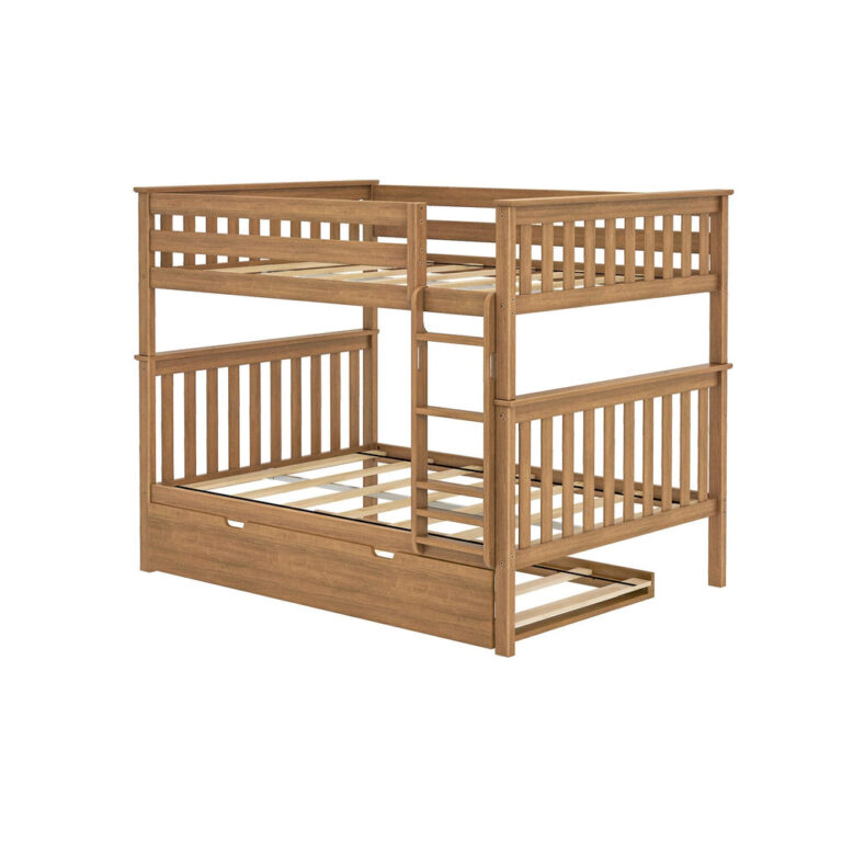 Max And Lily Full Over Full Bunk Bed With Trundle Pecan Frame Angle View Max and Lily Full Over Full Bunk Bed with Trundle in Pecan - angle view of the bare bed frame showing the wooden slat support and partially extended trundle