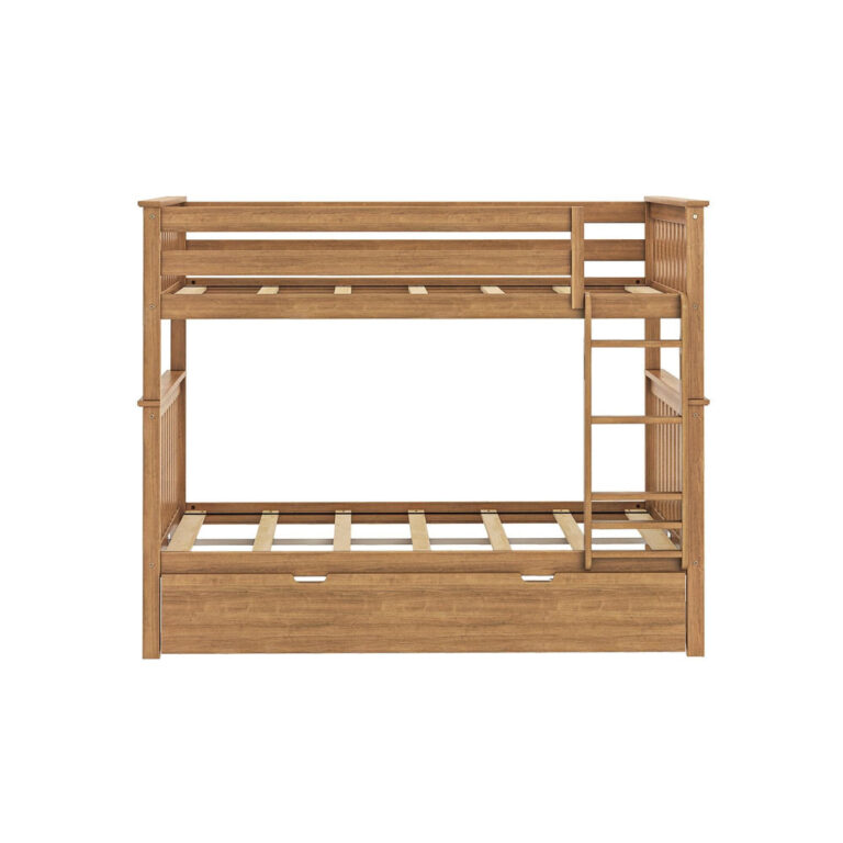 Max And Lily Full Over Full Bunk Bed With Trundle Pecan Frame Side View Max and Lily Full Over Full Bunk Bed with Trundle in Pecan - straight-on side view of the bare frame with ladder, slat rolls and closed trundle underneath