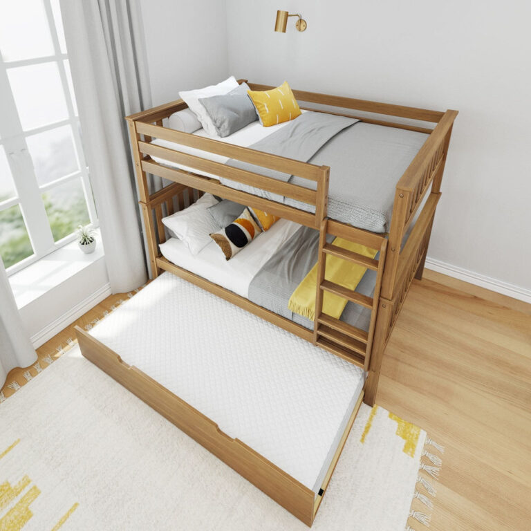 Max And Lily Full Over Full Bunk Bed With Trundle Pecan Headboard Detail Max and Lily Full Over Full Bunk Bed with Trundle in Pecan - closeup of the lower bunk slatted headboard with pillows and the trundle drawer below