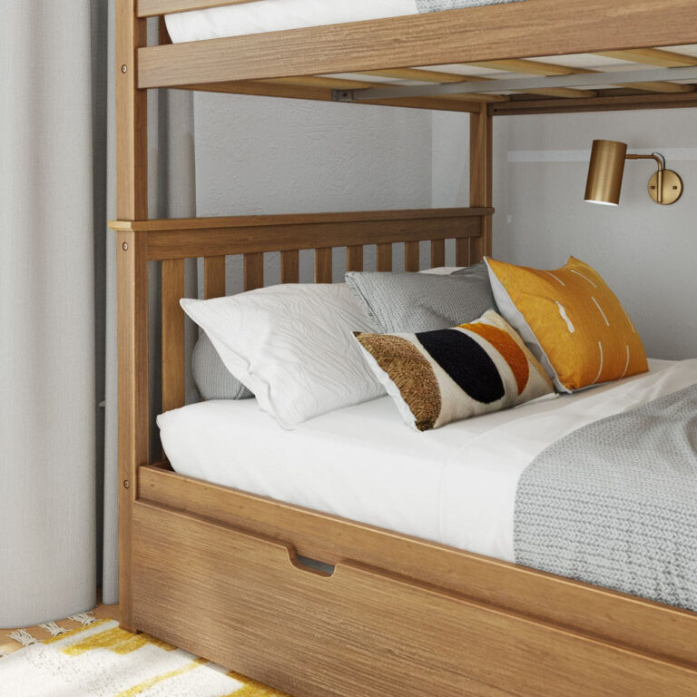Max And Lily Full Over Full Bunk Bed With Trundle Pecan Ladder Features Diagram Max and Lily Full Over Full Bunk Bed with Trundle in Pecan - diagram of ladder features including grooved no-slip steps, hand holds and 200 lbs weight support