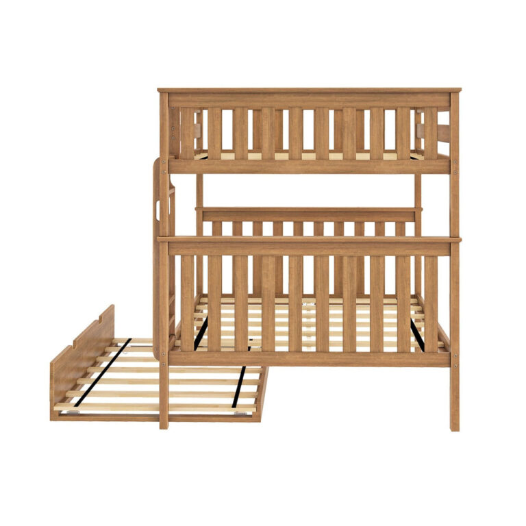 Max And Lily Full Over Full Bunk Bed With Trundle Pecan Trundle Open Max and Lily Full Over Full Bunk Bed with Trundle in Pecan - end view of the frame with the trundle bed fully rolled out showing its slat support