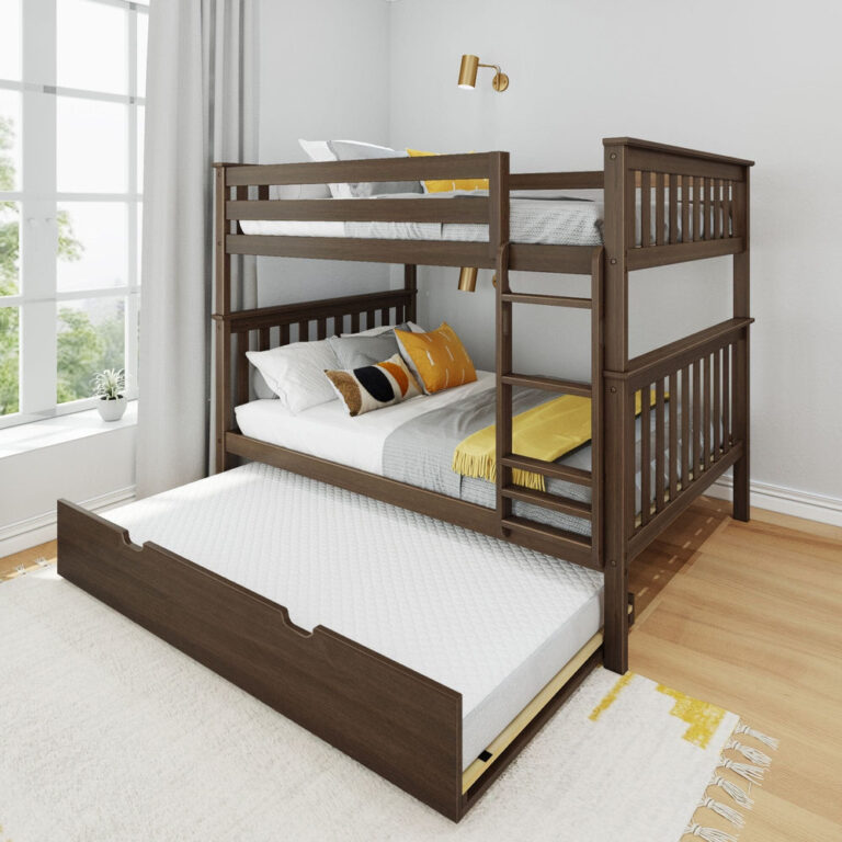 Max And Lily Full Over Full Bunk Bed With Trundle Walnut Angle View Max and Lily Full Over Full Bunk Bed with Trundle in Walnut - angled view in a bedroom with both bunks made up, safety guardrails, ladder, and the trundle bed pulled out.