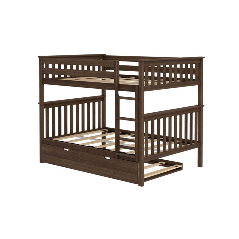 Max And Lily Full Over Full Bunk Bed With Trundle Walnut Frame Angle View Max and Lily Full Over Full Bunk Bed with Trundle in Walnut - angled view of the bare frame showing wooden slat rolls on both bunks and the trundle partially pulled out.